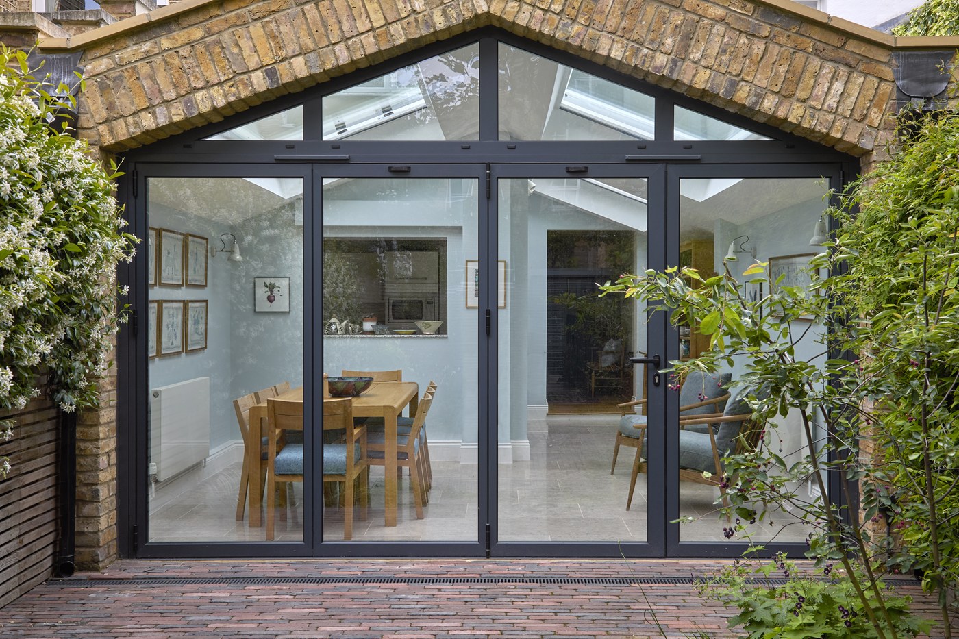 The glazed gable at Ceylon Road seen from the garden with the doors closed