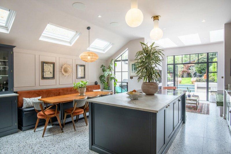 Kitchen island and terrazzo floor at Chevening Road, beneath new rooflights