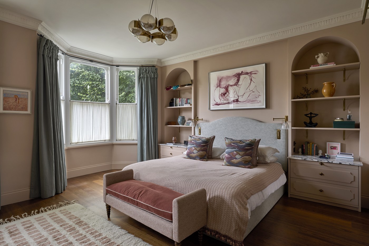 Bedroom at Melrose Gardens with bespoke fitted alcove joinery either side of the bed