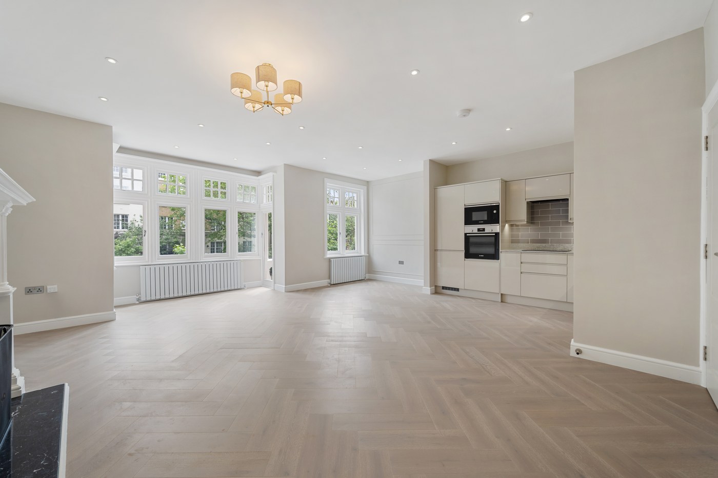 Reception room at St John's Wood Road with new herringbone flooring